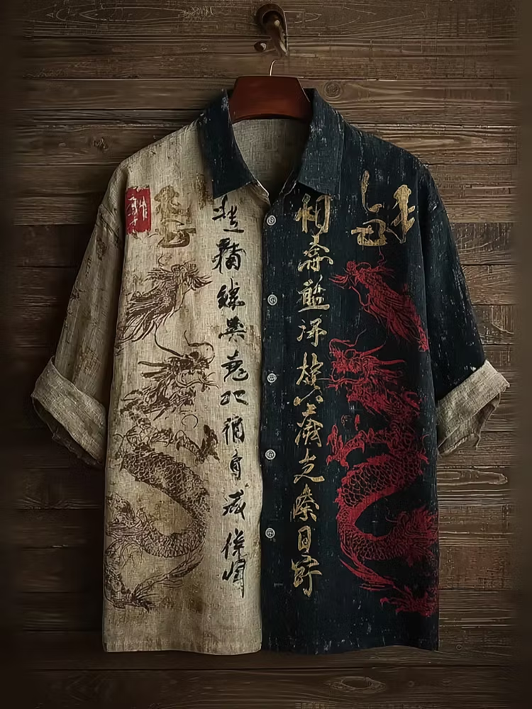 Zoystyle Japanese Dragon Calligraphy Premium Cotton Linen Casual Shirt