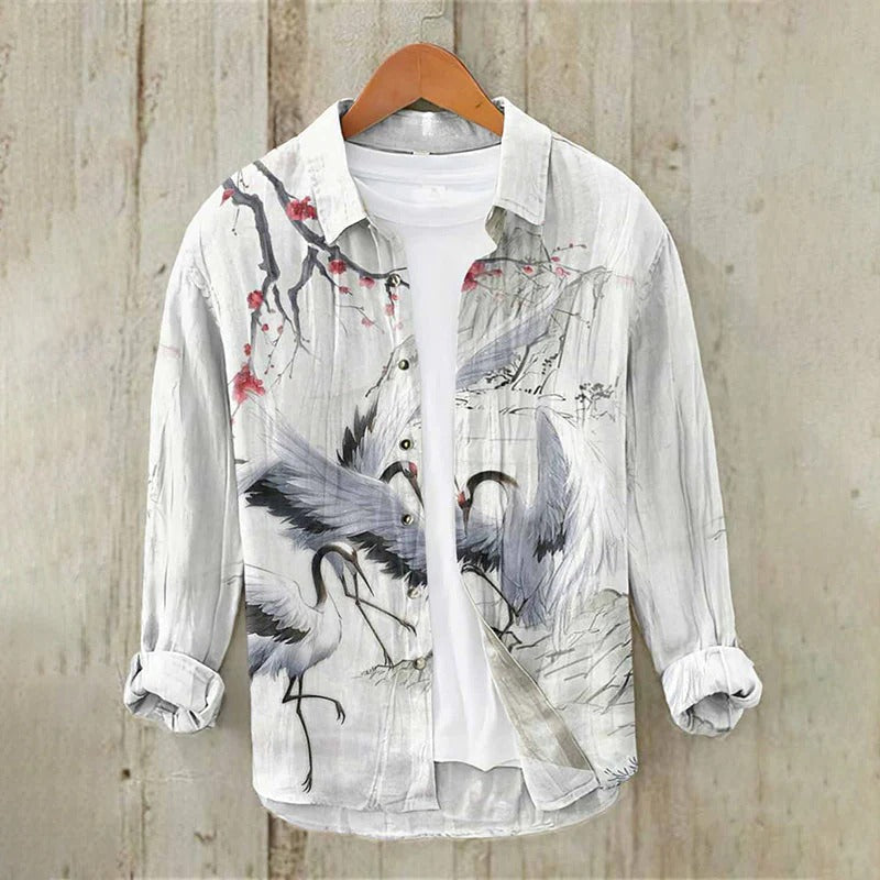 Zoystyle Japanese Crane Ink Art Cotton Linen Long Sleeve Shirt