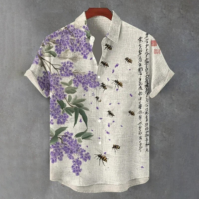Zoystyle Japanese Wisteria Blossom & Honey Bee Cotton Linen Casual Shirt
