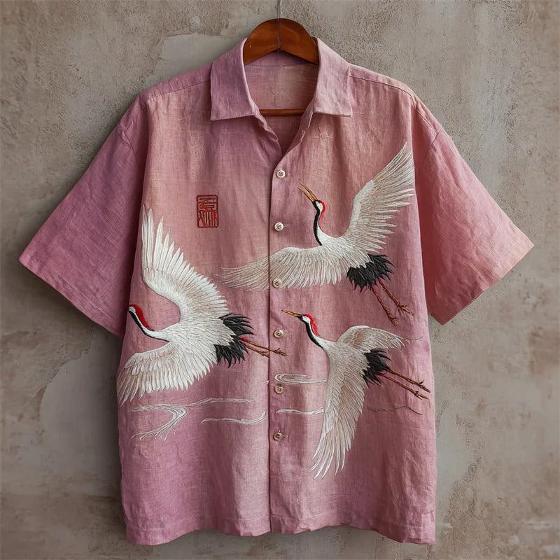 Zoystyle Japanese Crane Embroidered Premium Pink Casual Shirt