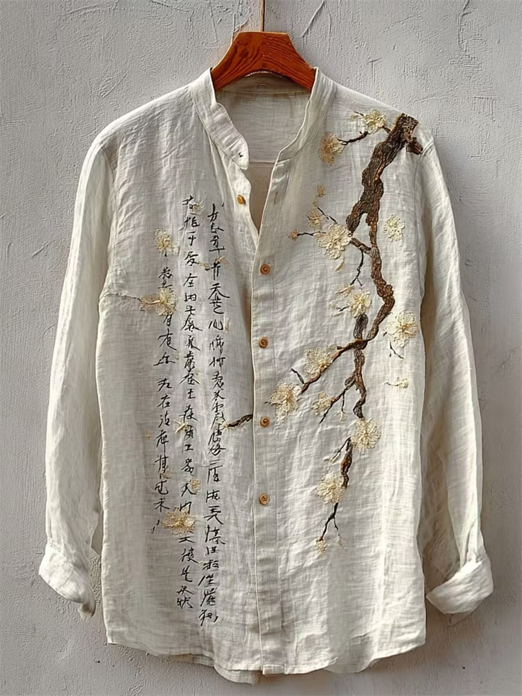 Zoystyle Japanese Cherry Blossom Embroidered Linen Long Sleeve Shirt