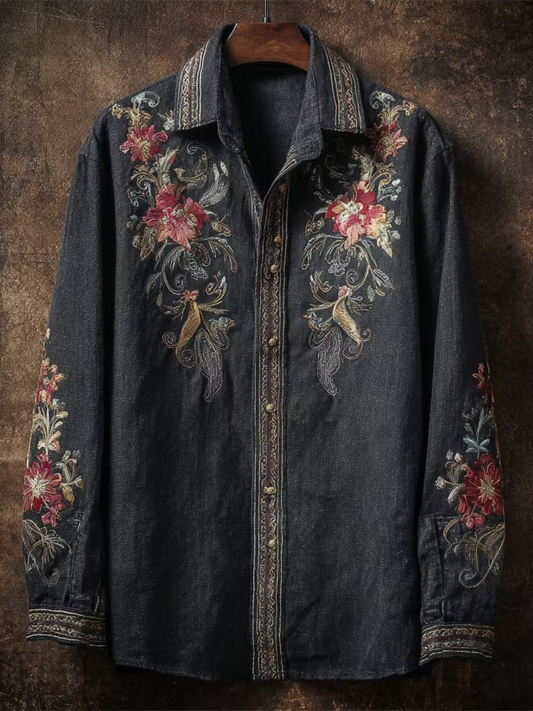 Zoystyle Premium Floral Embroidered Cotton Linen Long Sleeve Shirt