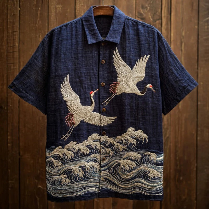 Zoystyle Japanese Crane Embroidered Wave Premium Casual Shirt