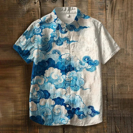 Zoystyle Japanese Cloud Print Mandarin Collar Cotton Linen Shirt