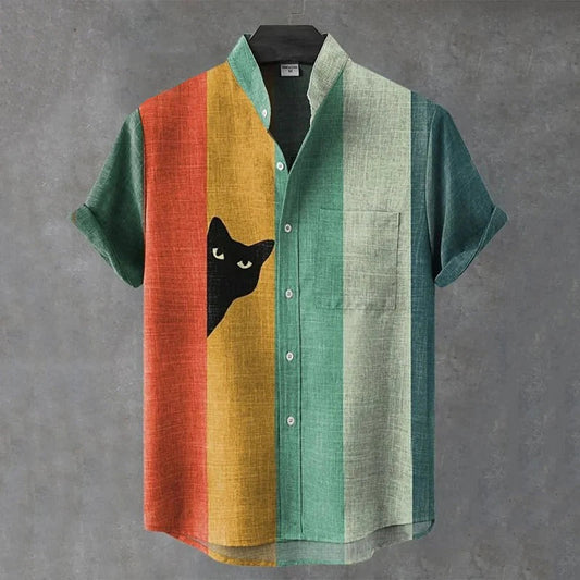 Zoystyle Vintage Color Block Cat Print Mandarin Collar Shirt