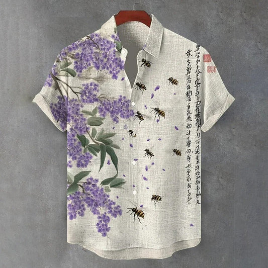Zoystyle Japanese Wisteria Blossom & Honey Bee Cotton Linen Casual Shirt