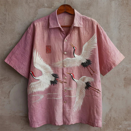 Zoystyle Japanese Crane Embroidered Premium Pink Casual Shirt