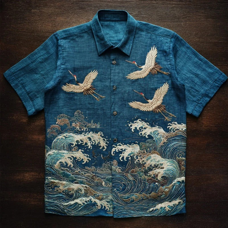 Zoystyle Japanese Crane & Ocean Wave Premium Casual Shirt