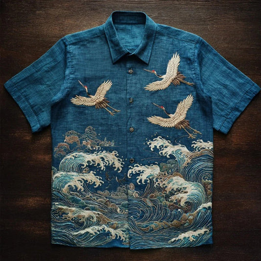 Zoystyle Japanese Crane & Ocean Wave Premium Casual Shirt