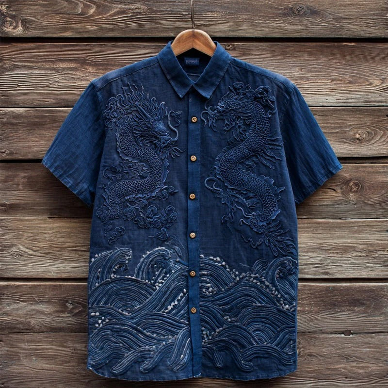 Zoystyle Japanese Dragon Embroidered Wave Premium Casual Shirt