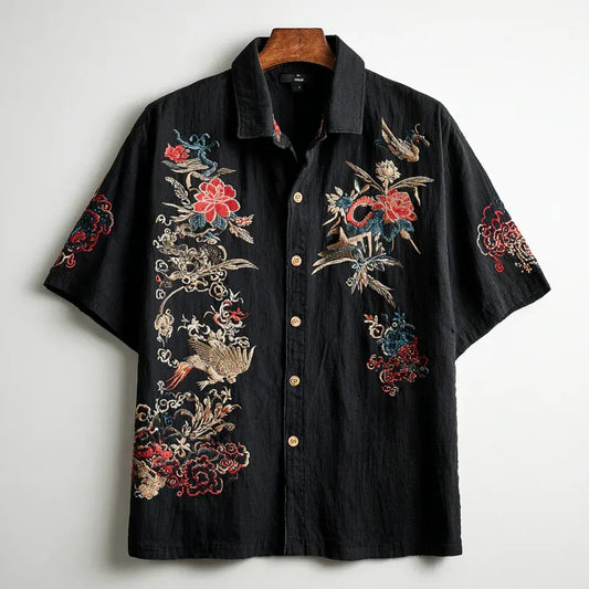 Zoystyle Japanese Floral Embroidered Premium Black Casual Shirt