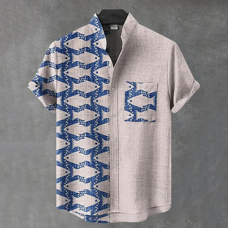 Zoystyle Coastal Fish Print Cotton Linen Mandarin Collar Casual Shirt