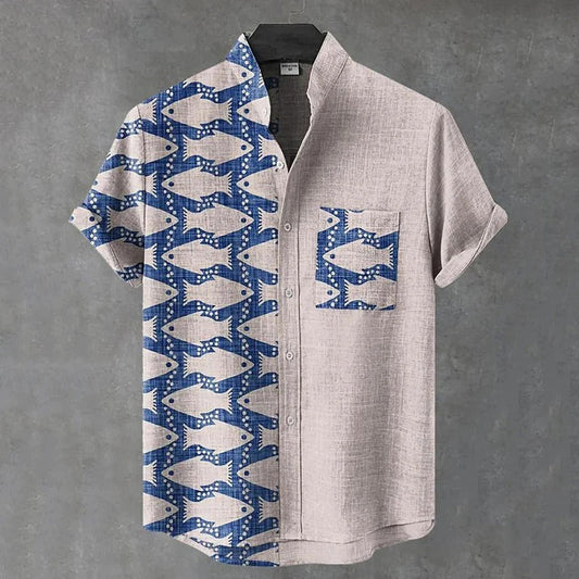 Zoystyle Coastal Fish Print Cotton Linen Mandarin Collar Casual Shirt