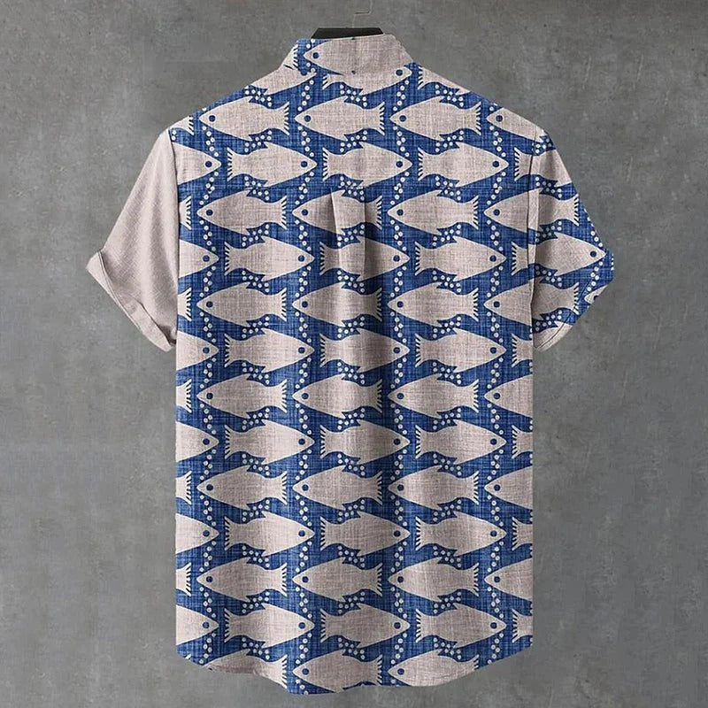 Zoystyle Coastal Fish Print Cotton Linen Mandarin Collar Casual Shirt