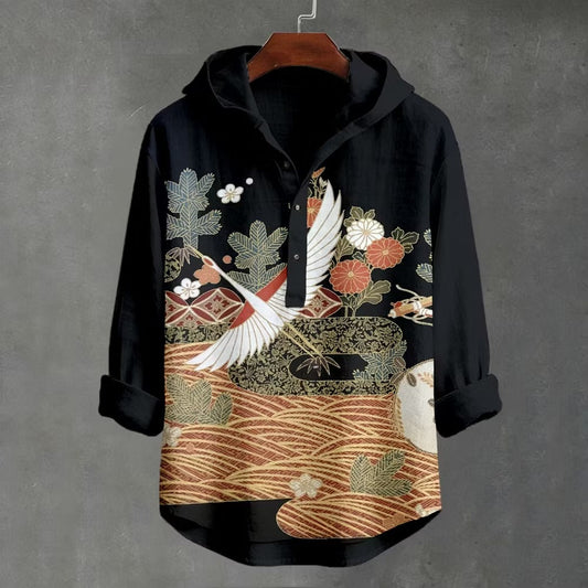 Zoystyle Japanese Crane Art Hooded Linen Long Sleeve Shirt