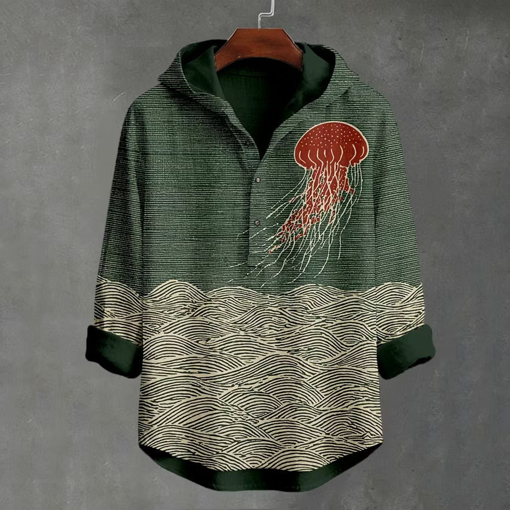 Zoystyle Japanese Jellyfish Wave Hooded Cotton Linen Long Sleeve Shirt