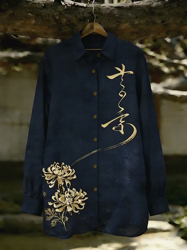 Zoystyle Japanese Calligraphy Lotus Premium Cotton Linen Long Sleeve Shirt