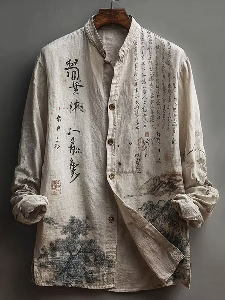 Zoystyle Japanese Calligraphy Landscape Cotton Linen Long Sleeve Shirt