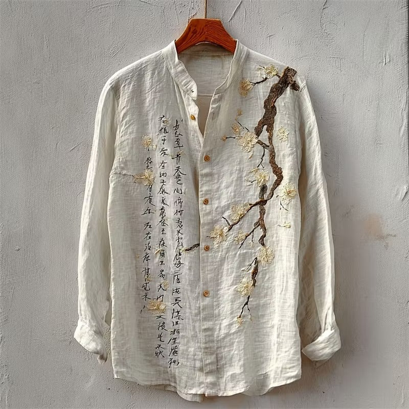 Zoystyle Japanese Cherry Blossom Embroidered Linen Long Sleeve Shirt