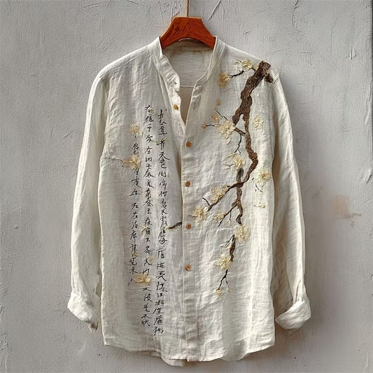 Zoystyle Japanese Cherry Blossom Embroidered Linen Long Sleeve Shirt