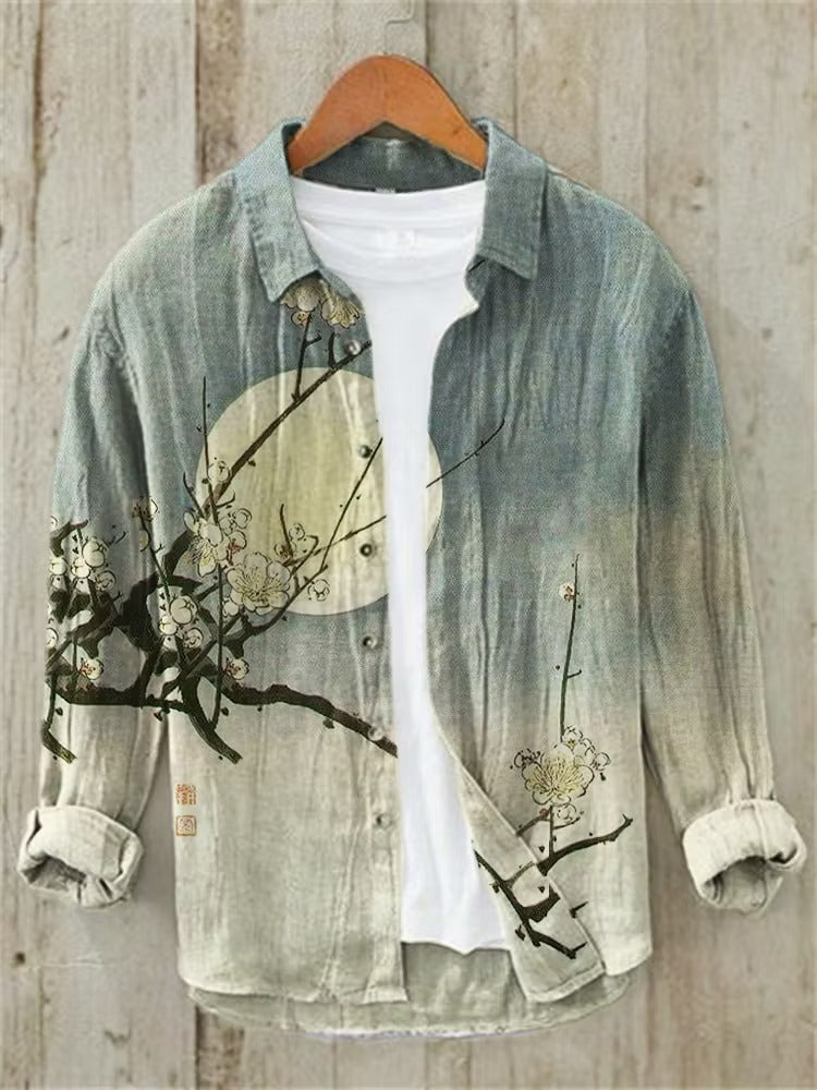 Zoystyle Japanese Plum Blossom Moon Print Cotton Linen Long Sleeve Shirt