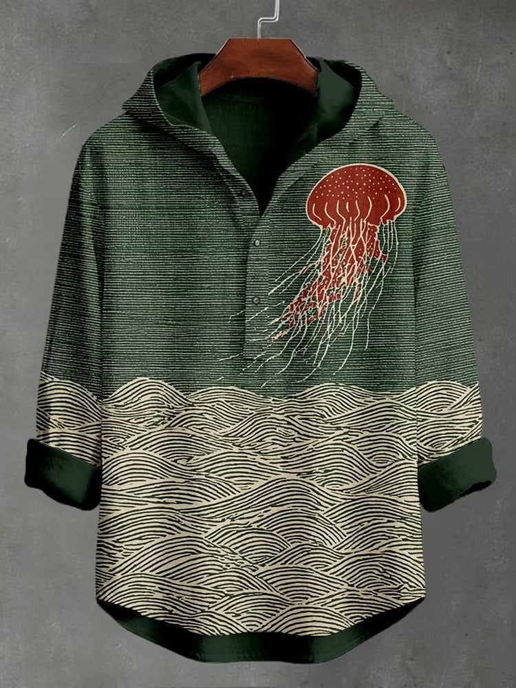 Zoystyle Japanese Jellyfish Wave Hooded Cotton Linen Long Sleeve Shirt