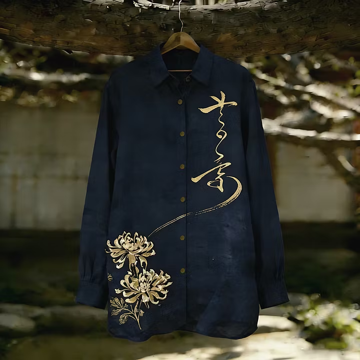 Zoystyle Japanese Calligraphy Lotus Premium Cotton Linen Long Sleeve Shirt