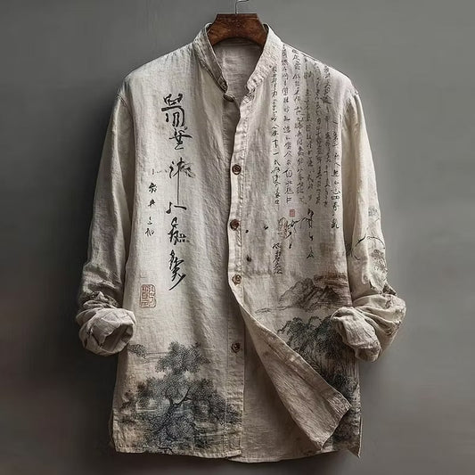 Zoystyle Japanese Calligraphy Landscape Cotton Linen Long Sleeve Shirt