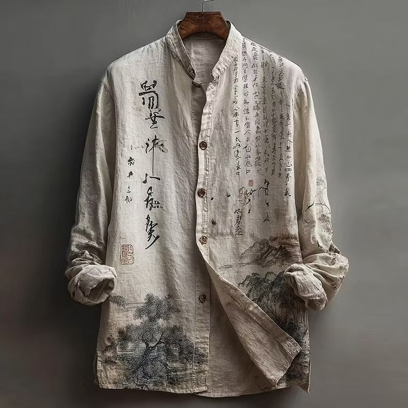 Zoystyle Japanese Calligraphy Landscape Cotton Linen Long Sleeve Shirt