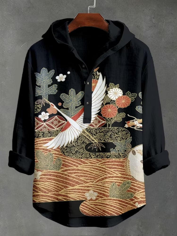 Zoystyle Japanese Crane Art Hooded Linen Long Sleeve Shirt