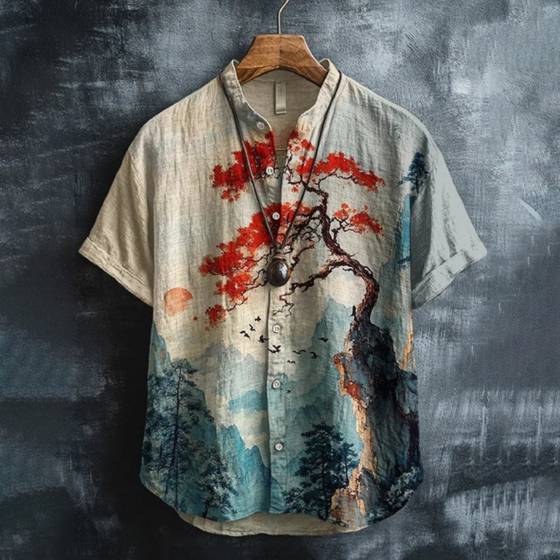 Zoystyle Japanese Landscape Art Print Mandarin Collar Shirt